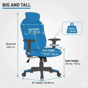 An infographic illustrating the generous dimensions of a big and tall office chair, including seat width, height, and backrest size.