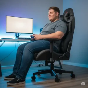 A photo of a large person comfortably seated in the big and tall gaming chair 500 lbs, highlighting its spacious design.