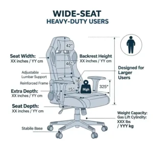 A diagram illustrating the key dimensions of a wide-seat heavy duty office chair 500 lbs, emphasizing its suitability for larger users.