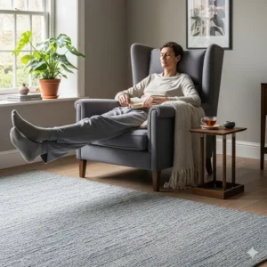 A tall person relaxing in a deep-seated, high-backed armchair in a living room, highlighting comfort and style in home furniture for chairs tall people.
