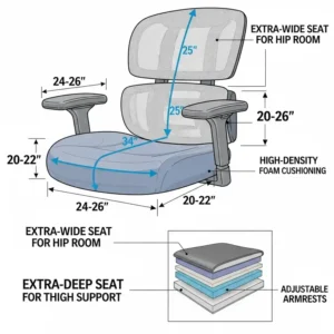 A diagram illustrating the extra-wide and deep seat of a big and tall desk chair for a large person, providing ample room for comfort.