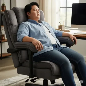 A person of a larger build comfortably seated in a large, extra wide office chair, showcasing its ample seating area.