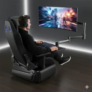 A gamer comfortably seated in the massive gaming chair with a mounted TV, enjoying their favorite game.