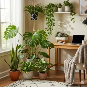 A cozy home office corner with a cluster of different plants inside office, to create a lush, biophilic design element.