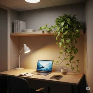 A trailing golden pothos plant, one of the ideal plants for office with no windows, draping from a shelf.