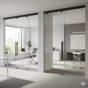 An elegant sliding office glass door system, ideal for maximizing office floor space.
