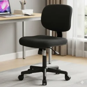 A black, small swivel task chairs on casters, ideal for a computer desk in a limited space.