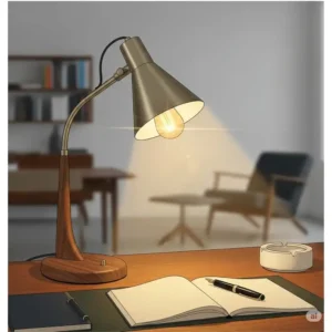 An illustration of a distinctive mid-century modern desk lamp providing warm, focused lighting for an office environment, highlighting its unique form.