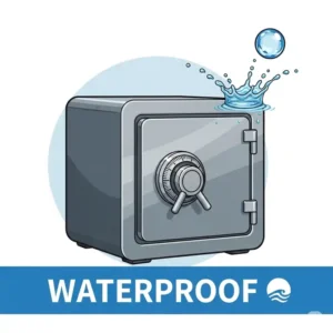 A simple graphic showing a drop of water splashing off a durable office safe, highlighting its waterproof design.