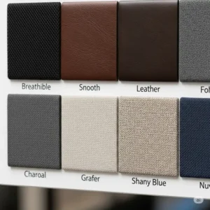 A swatch display showing different material options for a desk chair wide, such as mesh, leather, and fabric.
