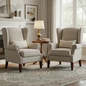 A classic pair of wingback set of 2 living room accent chairs with upholstered fabric, providing a timeless and comfortable addition to any living room.