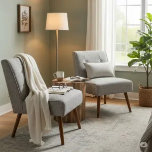 The versatile set of two accent chairs used as a cozy reading nook in a bedroom corner, demonstrating their adaptability.