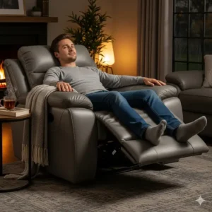 A large recliner with an extended footrest and headrest that fully supports a tall person's body, providing maximum comfort for chairs tall people.