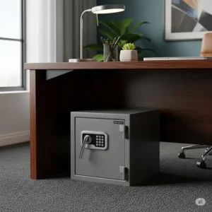 A compact office safe, ideal for small businesses or home offices, shown neatly tucked under a desk.