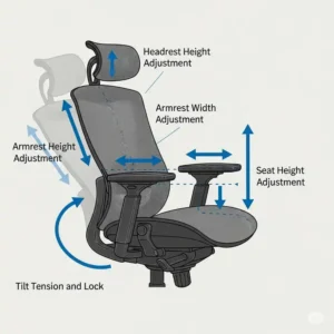 An illustration of the various adjustable features of a desk chair wide, including seat height, tilt, and armrest position.