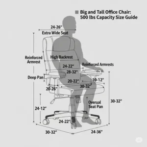 Diagram illustrating the generous dimensions of a big and tall office chair 500 lbs, providing a size guide.