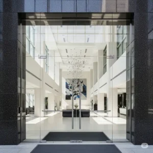  Impressive double office glass doors at the main entrance of a corporate building.