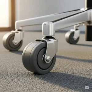 A close-up view of the heavy-duty, smooth-rolling casters on a high-capacity office chair, built for durability and easy mobility.