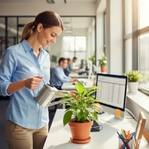 A smiling employee watering a potted plant, showing the positive interaction with plants inside office.