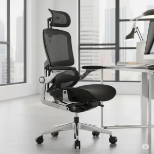 A modern, ergonomic huge office chair showcasing adjustable lumbar support and headrest for proper spinal alignment.