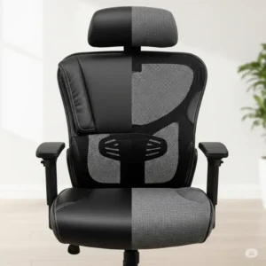 An image displaying various material options for an extra wide office chair, such as leather, mesh, and fabric upholstery.