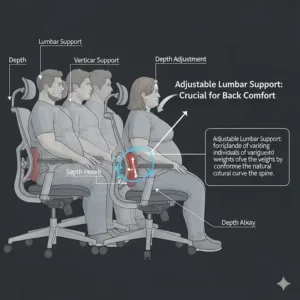 A diagram of an ergonomic chair highlighting the adjustable lumbar support feature, crucial for back comfort for chairs for heavy people.
