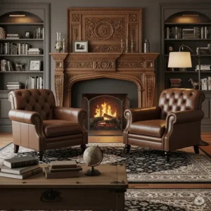 Two elegant brown leather set of 2 living room accent chairs with a tufted back, creating a sophisticated and masculine feel in the living room.