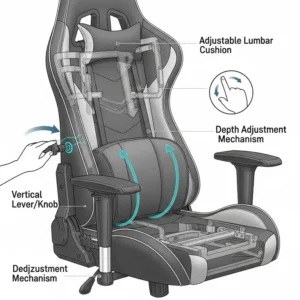 A diagram highlighting the adjustable lumbar support and recline feature found on many gaming chairs for big guys.