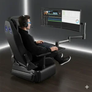 The massive gaming chair with two mounted TVs, catering to productivity and multi-tasking setups.