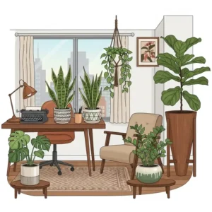  Illustration showcasing a variety of popular houseplants in mid-century modern planters, adding a touch of natural greenery to an office space.