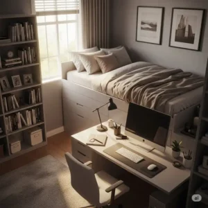 Illustration of a cozy home office featuring a built-in office bed.