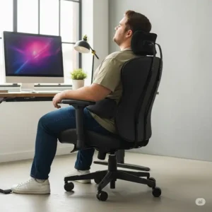 A person sitting comfortably in a high-back office chair 300 lbs, showing its ample space and ergonomic design.