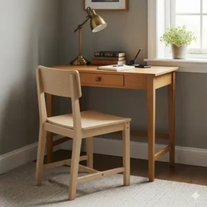 A stationary, small desk chairs without wheels, featuring a simple, minimalist design suitable for a writing nook.