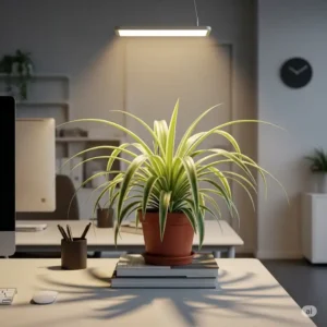 A classic spider plant with long leaves, one of the best plants for office with no windows.