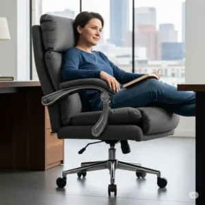 A person sitting comfortably in a large heavy duty office chair 500 lbs, showing the ample space and sturdy design.