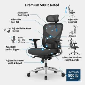 An infographic detailing the adjustable features of a premium heavy duty office chair 500 lbs, including seat height and tilt.