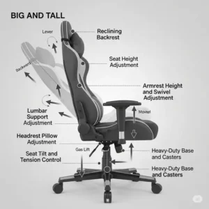 A diagram showing the adjustable features that make this the best gaming chair for big guys, including a reclining backrest and height adjustments.