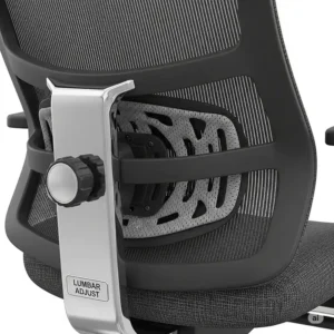 A close-up view of the built-in adjustable lumbar support system on a high-capacity desk chair for a large person for back support.