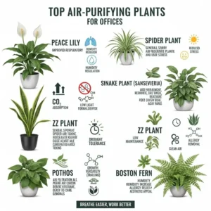 An infographic illustrating the top air-purifying plants inside office, with icons showing how they improve air quality.