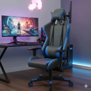 A high-backed gaming chair with lumbar support and a head pillow, showing how it's specifically built to accommodate and support chairs tall people during long sessions.