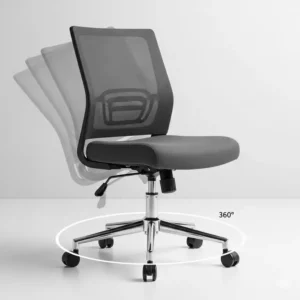 A compact swivel desk chair rotating 360 degrees for easy movement.