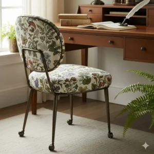 A small, decorative desk chairs with a unique fabric upholstery, serving as both a functional seat and a stylish accent piece.

