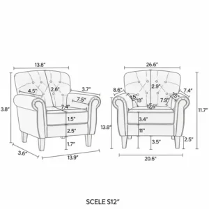 A detailed diagram with exact dimensions and measurements for the set of two accent chairs, including height, width, and depth.