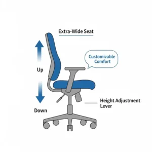 A simple graphic demonstrating the height adjustment mechanism of an extra wide office chair for customizable comfort.