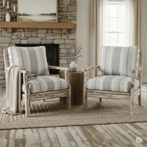 A charming set of 2 living room accent chairs with distressed wood frames and striped cushions, ideal for a rustic living room.