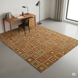Illustration of a mid-century modern office rug with a subtle geometric pattern, adding texture and warmth to a minimalist workspace.