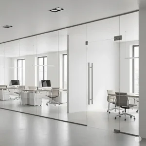 A full-height glass partition wall with a seamlessly integrated office glass door.
