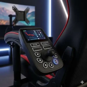 The built-in control panel on the massive gaming chair with a mounted TV, used to adjust settings.