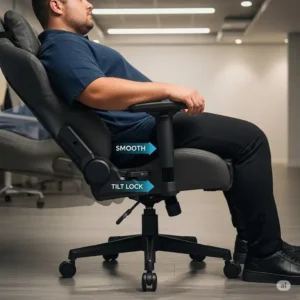 A demonstration of the smooth reclining function of an office chair 300 lbs, emphasizing its tilt lock feature.