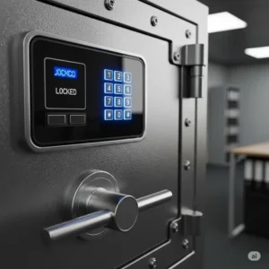A close-up shot of a secure office safe's digital keypad and handle, emphasizing its robust security features for protecting company assets.
